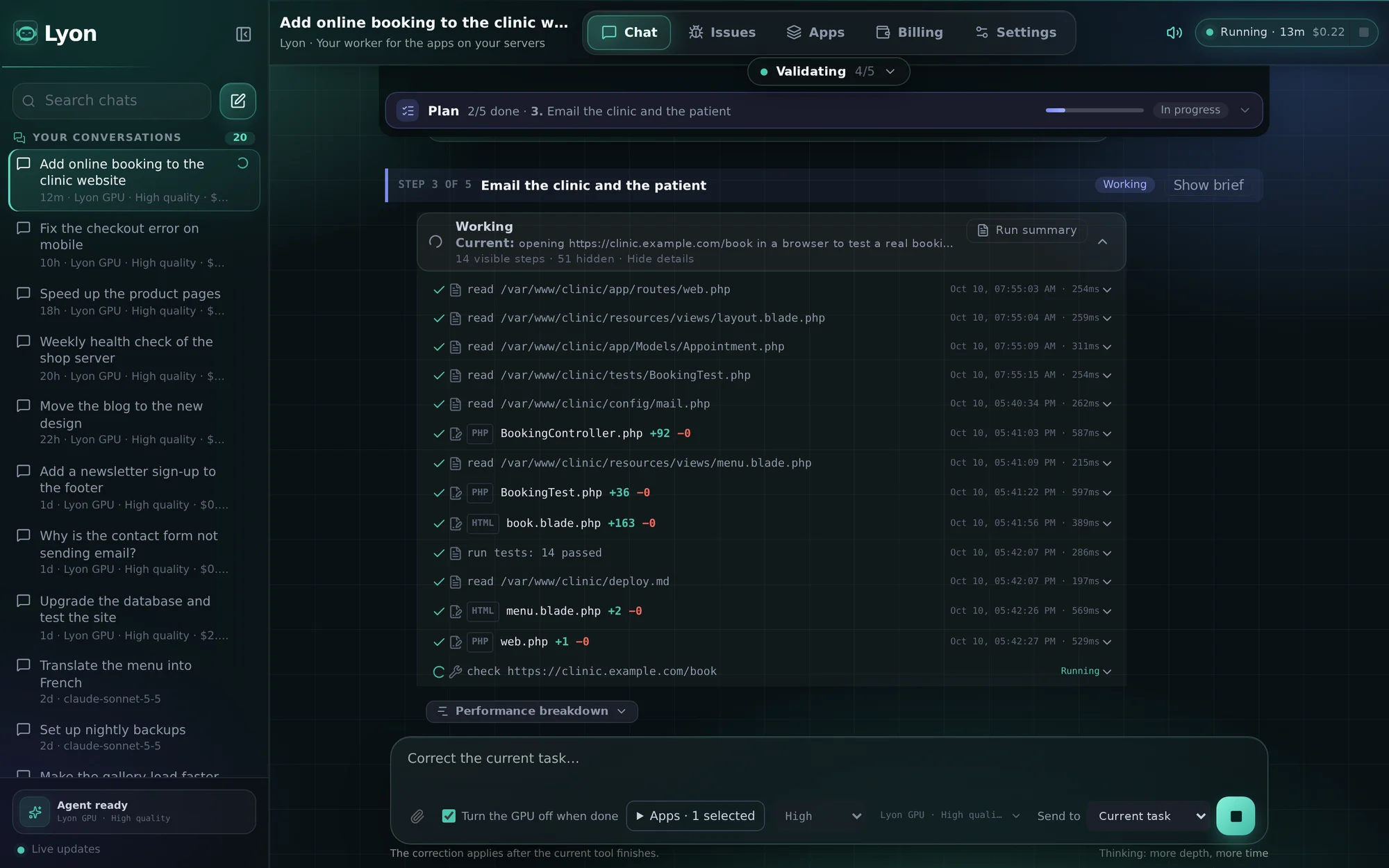 The Lyon chat: a plan with five steps, the files Lyon is reading and editing on a customer's server, tests passing, and the live page being checked